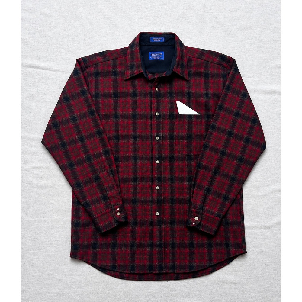Vintage Pendleton Lodge Shirt Men's L Red Black Plaid Virgin Wool Lined Button